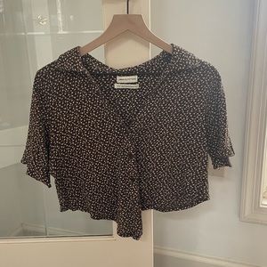 Urban Outfitters Tie Front Collared Brown Polka Dot Short Sleeve Top Medium M